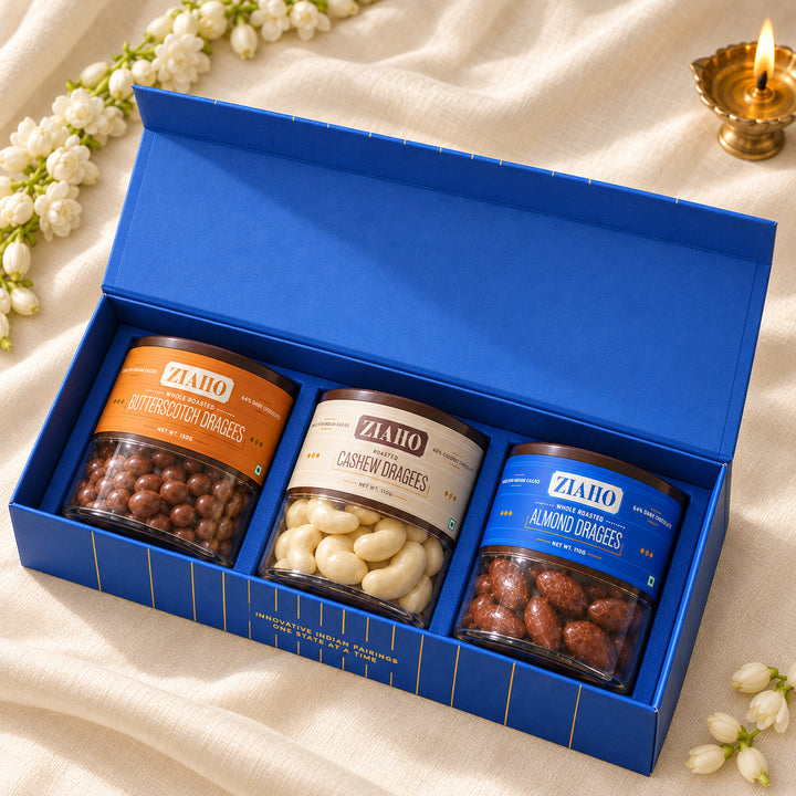 Dragee Trio: Open gift box with Butterscotch, Cashew and Almond Dragees