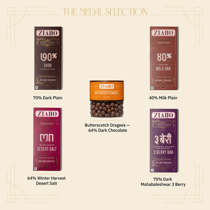 The Medal Selection: Contents guide showing four chocolate bars and Butterscotch Dragees